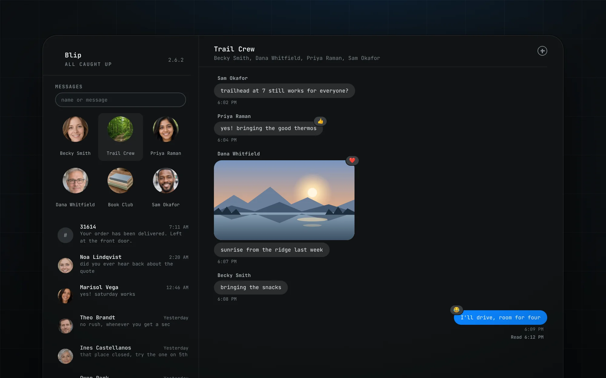 The Blip app window drawn with demo data: a group conversation called Trail Crew with a photo, two tapbacks, a blue reply and a Read receipt